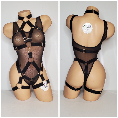 Black Satin Harness Lingerie with Gold Hardware Adjustable 3 Piece Set Desire by Michi Collection-0