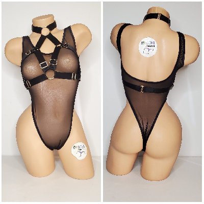 Black Satin Harness Lingerie with Gold Hardware Adjustable 3 Piece Set Desire by Michi Collection-1