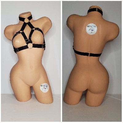 Black Satin Harness Lingerie with Gold Hardware Adjustable 3 Piece Set Desire by Michi Collection-2