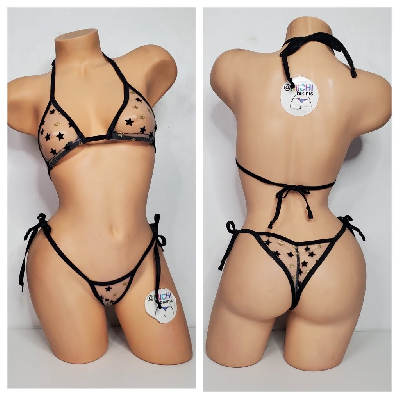 Nude Tulle *EXTREMELY SHEER* Black & Gold Stars w/ Black Trim  2 Piece Micro Bikini Set-0