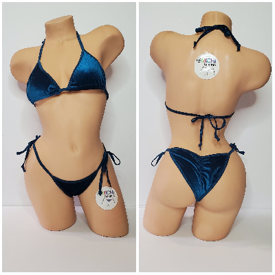 Prussian Blue Velvet w Prussian Blue Trim  2 Piece Micro String Bikini Set One Size-0