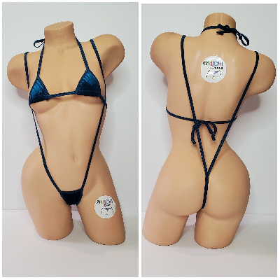 Prussian Blue Velvet w Prussian Blue Trim  2 Piece Micro String Bikini Set One Size-2