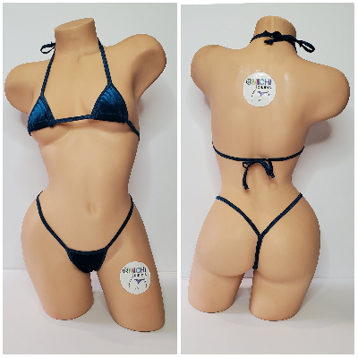 Prussian Blue Velvet w Prussian Blue Trim  2 Piece Micro String Bikini Set One Size-3