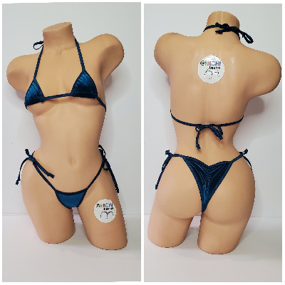 Prussian Blue Velvet w Prussian Blue Trim  2 Piece Micro String Bikini Set One Size-4