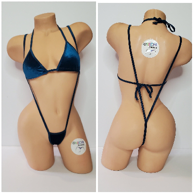 Prussian Blue Velvet w Prussian Blue Trim  2 Piece Micro String Bikini Set One Size-5