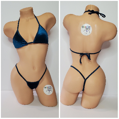 Prussian Blue Velvet w Prussian Blue Trim  2 Piece Micro String Bikini Set One Size-6