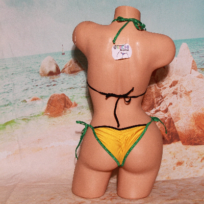 Yellow with Black and Green Trim 2 Piece String Bikini Set One Size-1