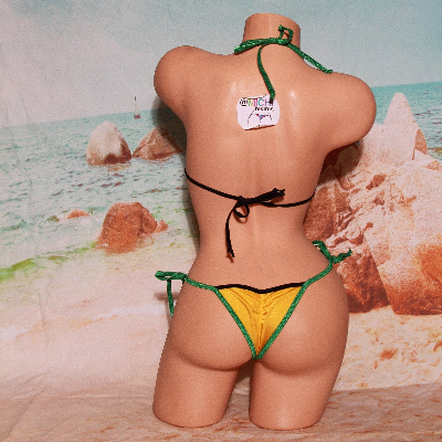 Yellow with Black and Green Trim 2 Piece String Bikini Set One Size-5
