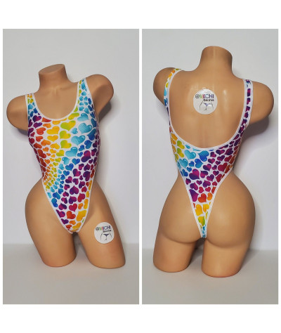 Multicolored Hearts on White with White Trim 1 Piece Bodysuit Size SMALL