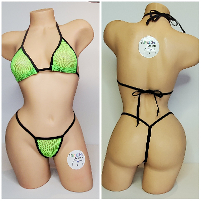 Neon Green Small Hole Fishnet *VERY SHEER* with Your Choice Trim Color 2pc Bikini Set-2