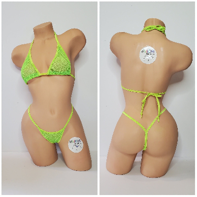 Neon Green Small Hole Fishnet *VERY SHEER* with Your Choice Trim Color 2pc Bikini Set-3