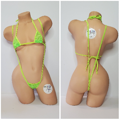 Neon Green Small Hole Fishnet *VERY SHEER* with Your Choice Trim Color 2pc Bikini Set-4
