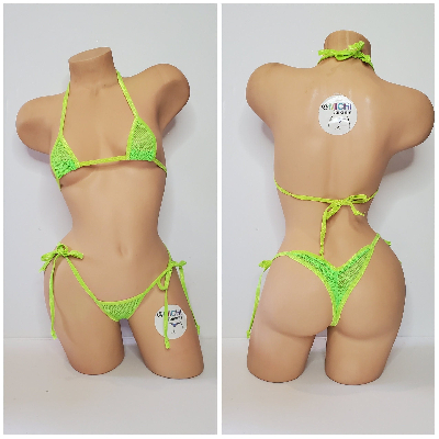 Neon Green Small Hole Fishnet *VERY SHEER* with Your Choice Trim Color 2pc Bikini Set-5