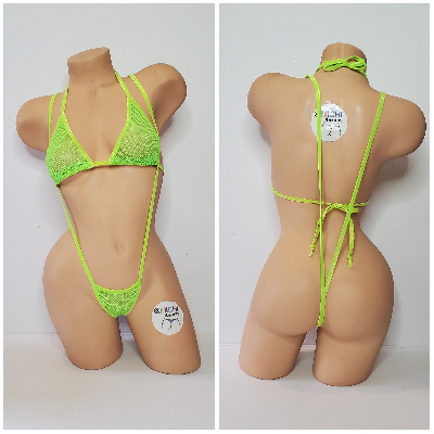 Neon Green Small Hole Fishnet *VERY SHEER* with Your Choice Trim Color 2pc Bikini Set-6