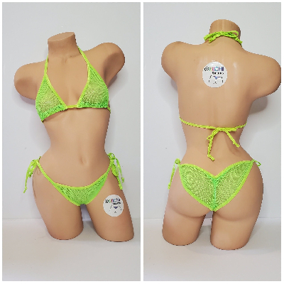 Neon Green Small Hole Fishnet *VERY SHEER* with Your Choice Trim Color 2pc Bikini Set-7
