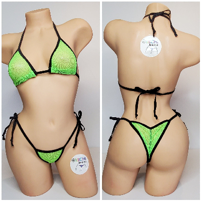 Neon Green Small Hole Fishnet *VERY SHEER* with Your Choice Trim Color 2pc Bikini Set-8