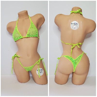 Neon Green Small Hole Fishnet *VERY SHEER* with Your Choice Trim Color 2pc Bikini Set-9