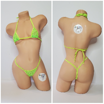 Neon Green Small Hole Fishnet *VERY SHEER* with Your Choice Trim Color 2pc Bikini Set-10