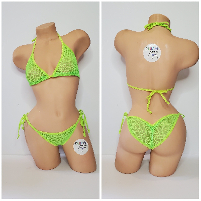 Neon Green Small Hole Fishnet *VERY SHEER* with Your Choice Trim Color 2pc Bikini Set-11