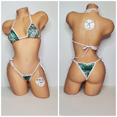 Green Hundred Dollar Bills Pattern w White Trim  Piece Micro String Bikini Set One Size-1