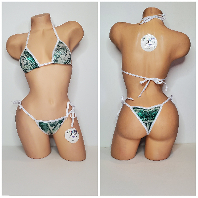 Green Hundred Dollar Bills Pattern w White Trim  Piece Micro String Bikini Set One Size-2