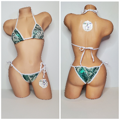 Green Hundred Dollar Bills Pattern w White Trim  Piece Micro String Bikini Set One Size-3