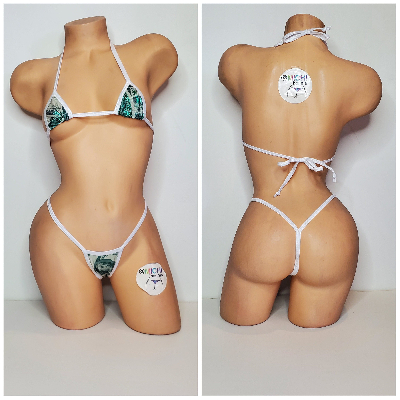 Green Hundred Dollar Bills Pattern w White Trim  Piece Micro String Bikini Set One Size-5