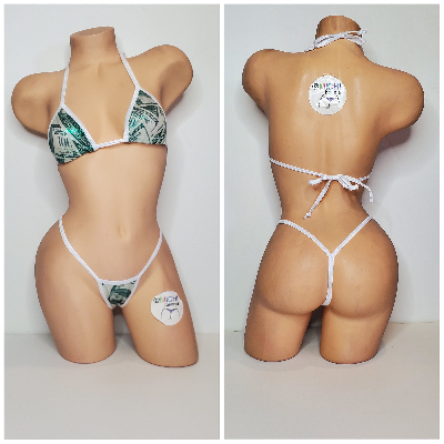 Green Hundred Dollar Bills Pattern w White Trim  Piece Micro String Bikini Set One Size-7