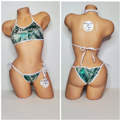 Green Hundred Dollar Bills Pattern w White Trim  Piece Micro String Bikini Set One Size-9
