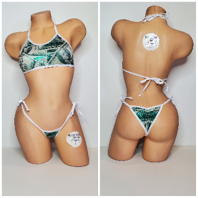 Green Hundred Dollar Bills Pattern w White Trim  Piece Micro String Bikini Set One Size-10