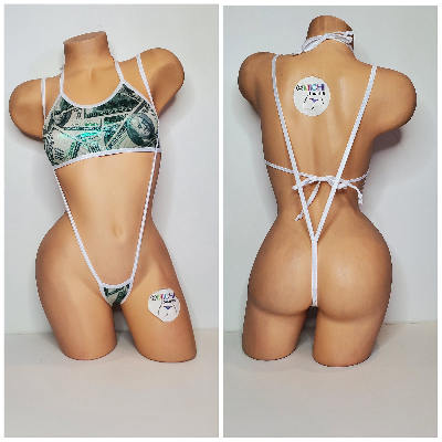 Green Hundred Dollar Bills Pattern w White Trim  Piece Micro String Bikini Set One Size-11