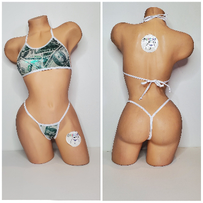 Green Hundred Dollar Bills Pattern w White Trim  Piece Micro String Bikini Set One Size-12