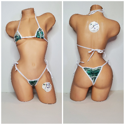 Green Hundred Dollar Bills Pattern w White Trim  Piece Micro String Bikini Set One Size-13