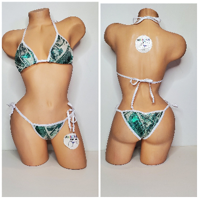 Green Hundred Dollar Bills Pattern w White Trim  Piece Micro String Bikini Set One Size-14