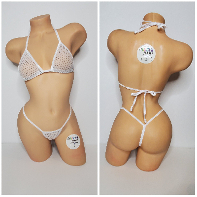White Mesh w/ Tiny Black Polka Dots ***VERY SHEER*** w/ White Trim 2pc Bikini Set One Size-5