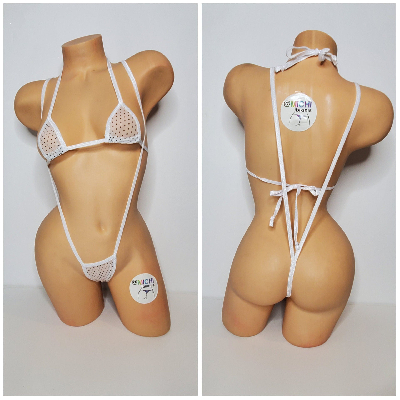 White Mesh w/ Tiny Black Polka Dots ***VERY SHEER*** w/ White Trim 2pc Bikini Set One Size-6