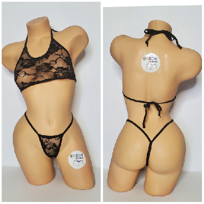 Black Lace *Semi Sheer* with Black Trim Medium Coverage Top Y Back Thong Bottom Bikini Set-4