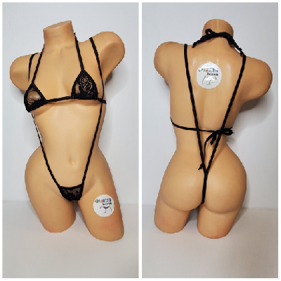 Black Lace *Semi Sheer* with Black Trim Medium Coverage Top Y Back Thong Bottom Bikini Set-6