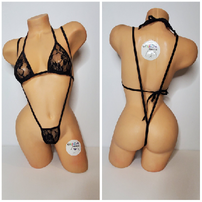 Black Lace *Semi Sheer* with Black Trim Medium Coverage Top Y Back Thong Bottom Bikini Set-9