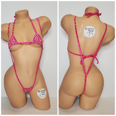 Shattered Holographic Carnation Pink w Your Choice Trim Color 2 Piece Micro String Bikini Set One Size-2
