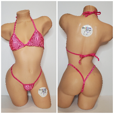 Shattered Holographic Carnation Pink w Your Choice Trim Color 2 Piece Micro String Bikini Set One Size-4