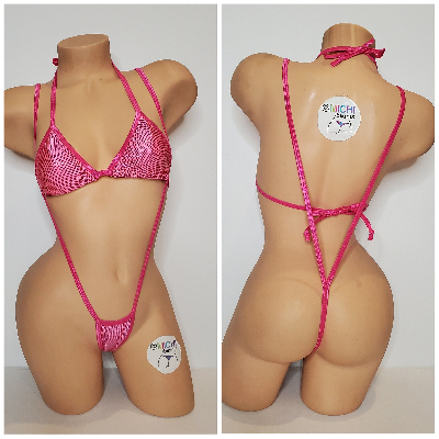 Shattered Holographic Carnation Pink w Your Choice Trim Color 2 Piece Micro String Bikini Set One Size-5