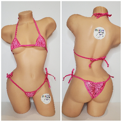 Shattered Holographic Carnation Pink w Your Choice Trim Color 2 Piece Micro String Bikini Set One Size-6