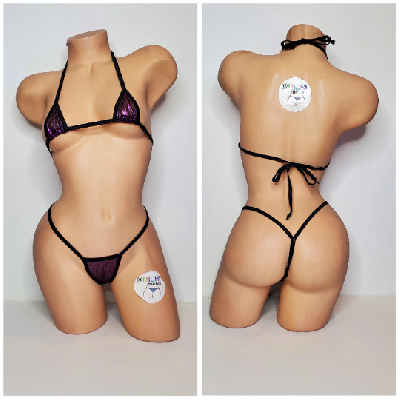 Black w/ Purple Shimmer Mesh ***VERY SHEER*** with Black Trim  2 Piece String Bikini Set One Size-0