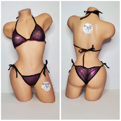 Black w/ Purple Shimmer Mesh ***VERY SHEER*** with Black Trim  2 Piece String Bikini Set One Size-1