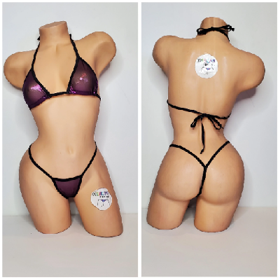 Black w/ Purple Shimmer Mesh ***VERY SHEER*** with Black Trim  2 Piece String Bikini Set One Size-2
