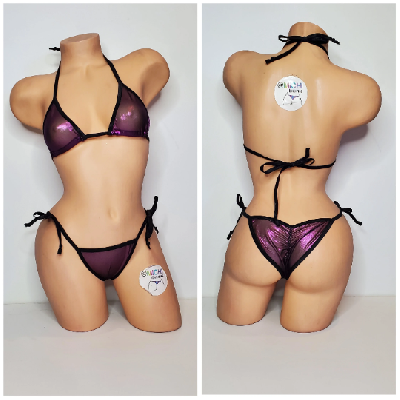 Black w/ Purple Shimmer Mesh ***VERY SHEER*** with Black Trim  2 Piece String Bikini Set One Size-5