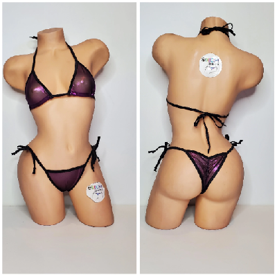 Black w/ Purple Shimmer Mesh ***VERY SHEER*** with Black Trim  2 Piece String Bikini Set One Size-6
