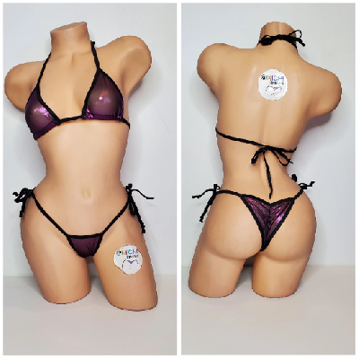 Black w/ Purple Shimmer Mesh ***VERY SHEER*** with Black Trim  2 Piece String Bikini Set One Size-8
