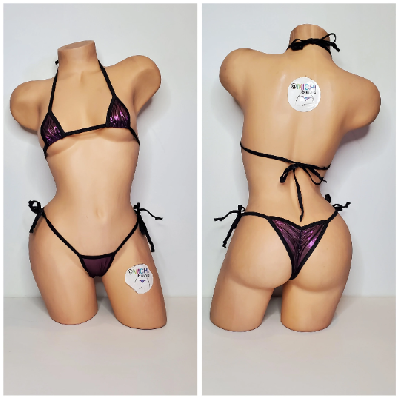 Black w/ Purple Shimmer Mesh ***VERY SHEER*** with Black Trim  2 Piece String Bikini Set One Size-9